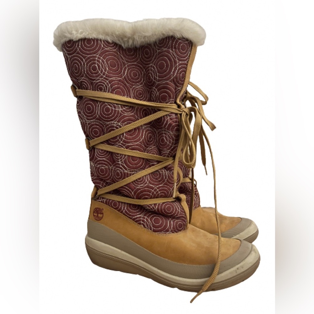 Pre-owned Womens Timberland Faux Fur Wrap Tie Tall Winter Boots Beige Size 7.5M
